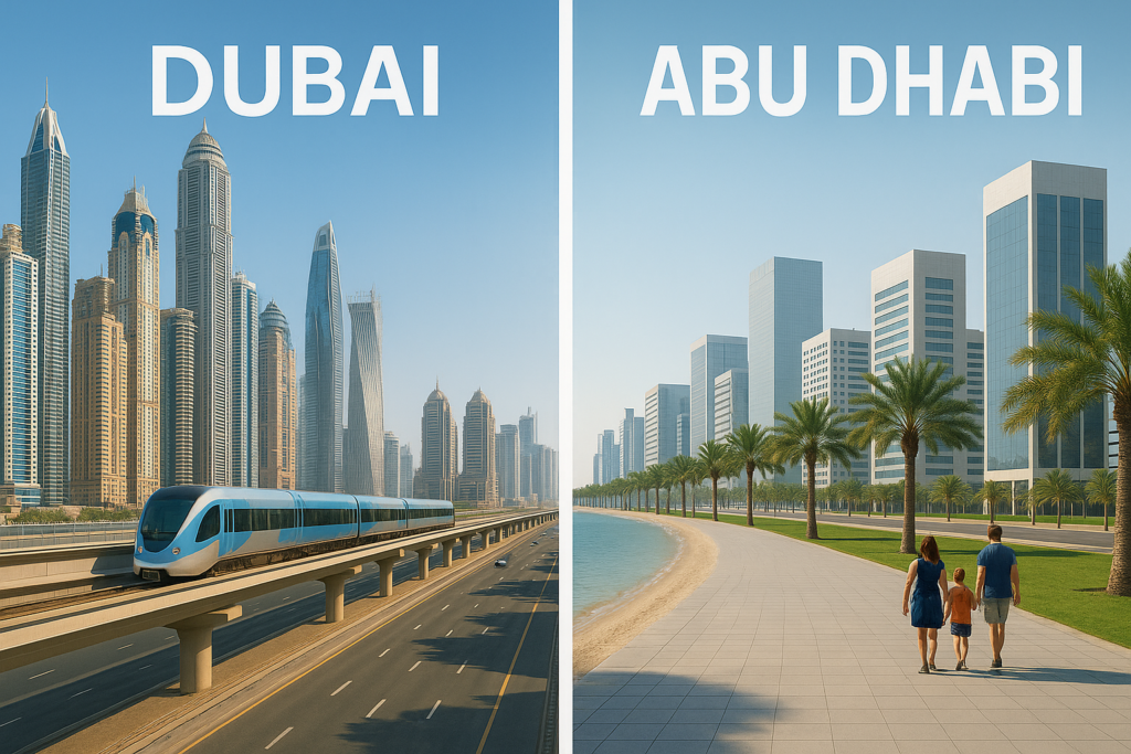 Moving to the UAE - Comparison of lifestyle in Dubai and Abu Dhabi with skyline, transportation, and housing visuals