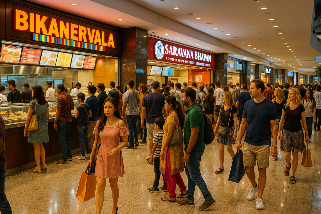 Indian expats enjoying shopping and Indian cuisine at a mall in Dubai.