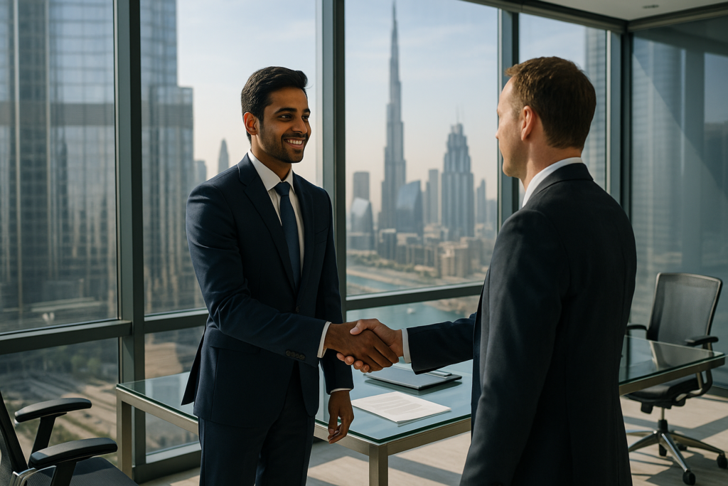 Indian job seeker starting a new career in Dubai’s professional business district.