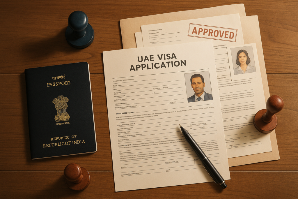 Moving to Dubai from India - Indian passport and UAE visa paperwork illustrating visa process for Indians moving to Dubai.