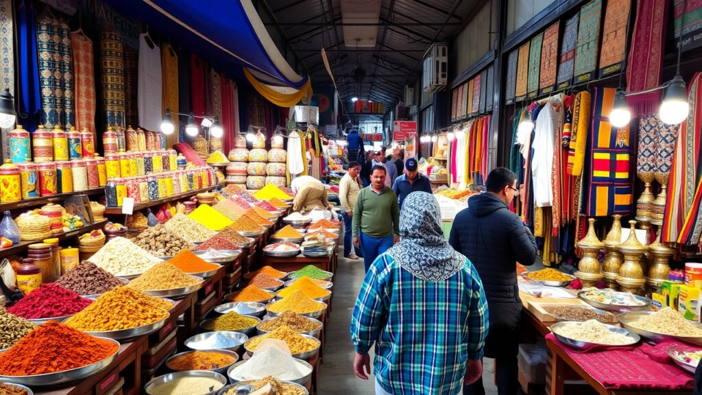 A bustling market with colorful stalls selling spices and textiles.