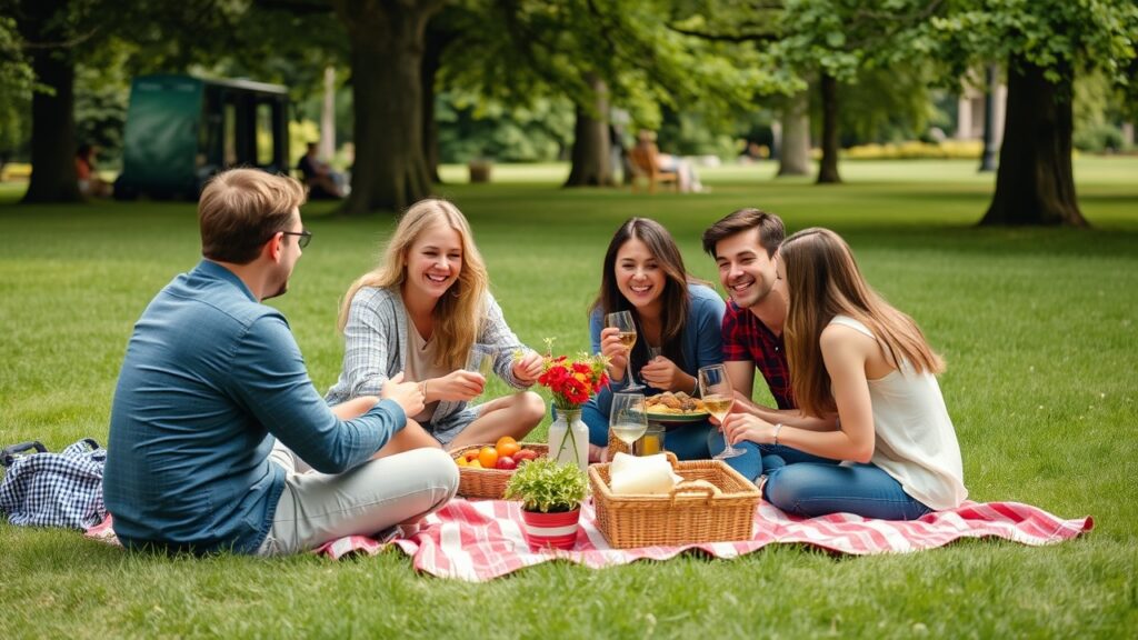 A group of friends enjoying a picnic in a green park.