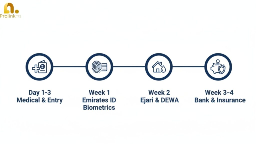 Horizontal minimal timeline with four labeled steps highlighting steps of relocation when in country